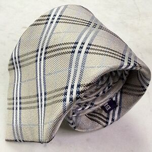 Beau Brummel Necktie Mens OS Beige Blue Plaid Silk Hand Made Soho Formal Tie